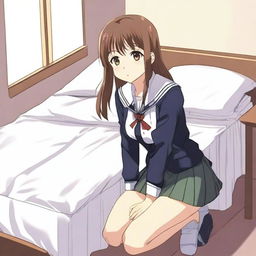 An anime girl in a school uniform kneeling on a bed with her legs spread, the mattress visibly sinking under her weight