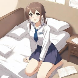 An anime girl in a school uniform kneeling on a bed with her legs spread, the mattress visibly sinking under her weight