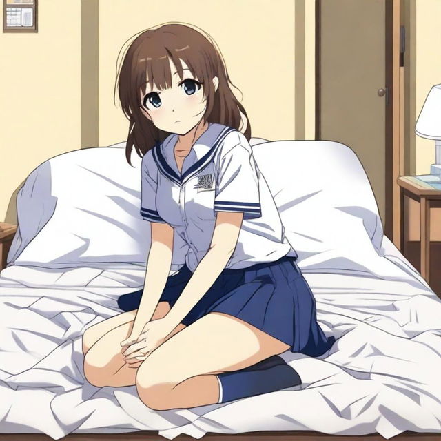 An anime girl in a school uniform kneeling on a bed with her legs spread, the mattress visibly sinking under her weight