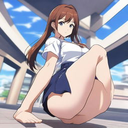 Create an anime-style image featuring a female character with an emphasis on her legs and buttocks