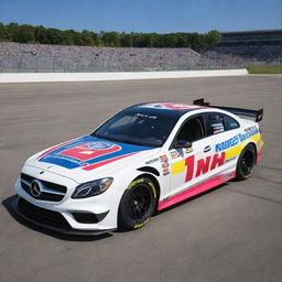 A Mercedes Benz redesigned as a NASCAR vehicle, flaunting vibrant colors, race-specific upgrades, and loaded with various sponsor logos.