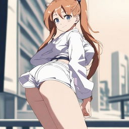 Create an anime-style image featuring a female character with an emphasis on her legs and buttocks