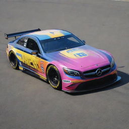 A Mercedes Benz redesigned as a NASCAR vehicle, flaunting vibrant colors, race-specific upgrades, and loaded with various sponsor logos.