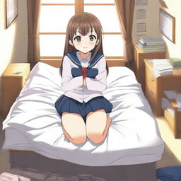A giant anime girl in a school uniform kneeling on a bed with her legs spread, the mattress visibly sinking under her enormous weight