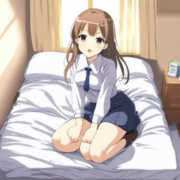 A giant anime girl in a school uniform kneeling on a bed with her legs spread, the mattress visibly sinking under her enormous weight
