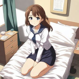 A giant anime girl in a school uniform kneeling on a bed with her legs spread, the mattress visibly sinking under her enormous weight