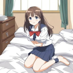 A giant anime girl in a school uniform kneeling on a bed with her legs spread, the mattress visibly sinking under her enormous weight