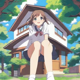 A giant anime girl in a school uniform sitting on a house that can barely hold her weight