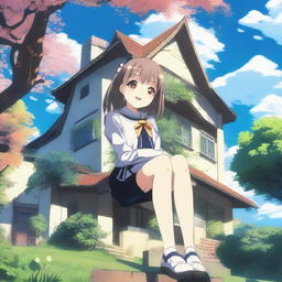 A giant anime girl in a school uniform sitting on a house that can barely hold her weight
