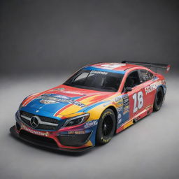 A Mercedes Benz redesigned as a NASCAR vehicle, flaunting vibrant colors, race-specific upgrades, and loaded with various sponsor logos.