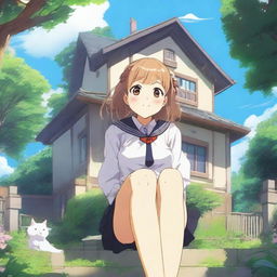 A giant anime girl in a school uniform sitting on a house that can barely hold her weight