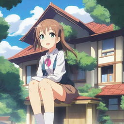 A giant anime girl in a school uniform sitting on a house that can barely hold her weight