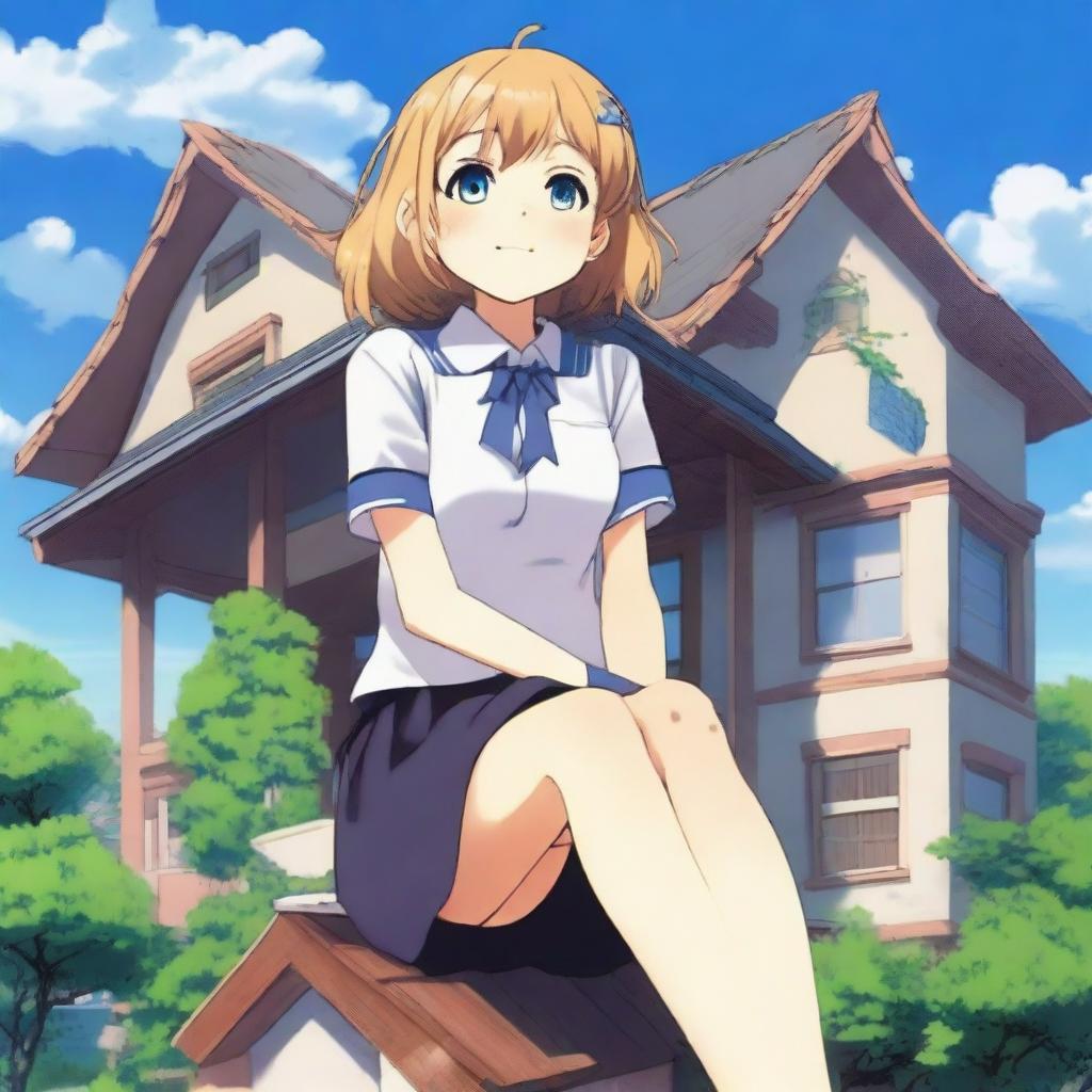 A giant anime girl in a school uniform sitting on top of a house that can barely hold her weight