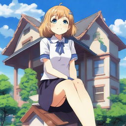 A giant anime girl in a school uniform sitting on top of a house that can barely hold her weight