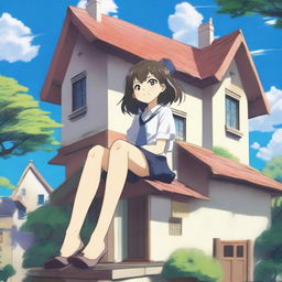A giant anime girl in a school uniform sitting on top of a house that can barely hold her weight
