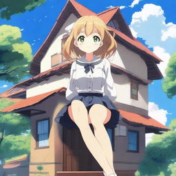 A giant anime girl in a school uniform sitting on top of a house that can barely hold her weight