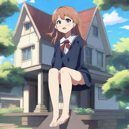 A giant anime girl in a school uniform sitting on top of a house that can barely hold her weight