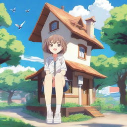 A giant anime girl in a school uniform sitting on top of a tiny house that can barely hold her weight