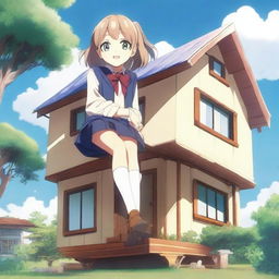 A giant anime girl in a school uniform sitting on top of a tiny house that can barely hold her weight