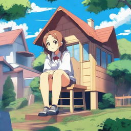 A giant anime girl in a school uniform sitting on top of a tiny house that can barely hold her weight
