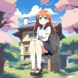 A giant anime girl in a school uniform sitting on top of a tiny house that can barely hold her weight