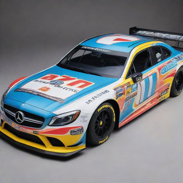 A Mercedes Benz redesigned as a NASCAR vehicle, flaunting vibrant colors, race-specific upgrades, and loaded with various sponsor logos.