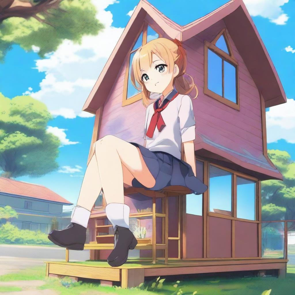 A giant anime girl in a school uniform sitting on top of a tiny house