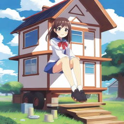 A giant anime girl in a school uniform sitting on top of a tiny house