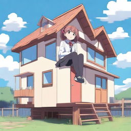 A giant anime girl in a school uniform sitting on top of a tiny house