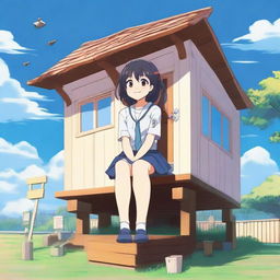 A giant anime girl in a school uniform sitting on top of a tiny house