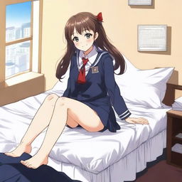 A giant anime girl in a school uniform sitting on top of a bed