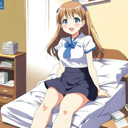 A giant anime girl in a school uniform sitting on top of a bed
