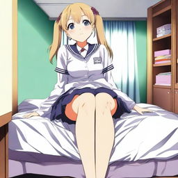 A giant anime girl in a school uniform sitting on top of a bed