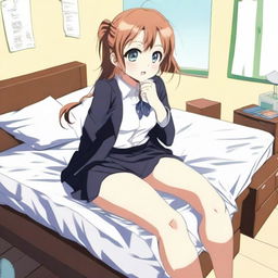 A giant anime girl in a school uniform sitting on top of a bed
