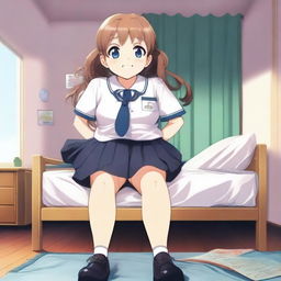 A giant girl in a school uniform sitting on top of a bed
