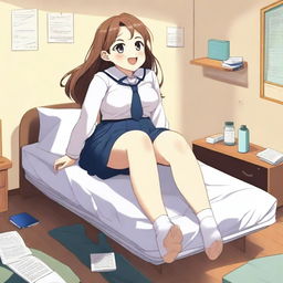 A giant girl in a school uniform sitting on top of a bed