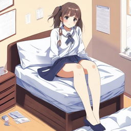 A giant girl in a school uniform sitting on top of a bed