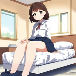 A giant girl in a school uniform sitting on top of a bed