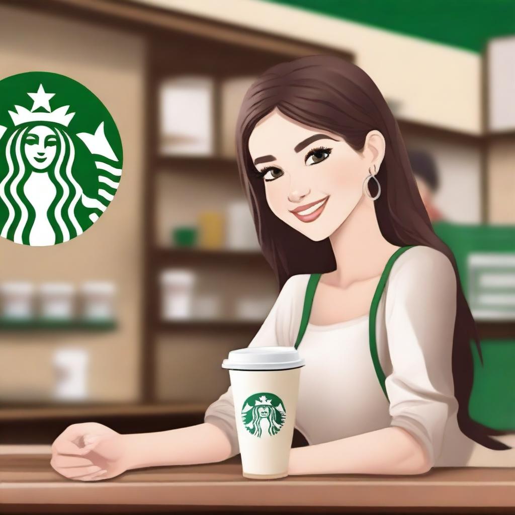 A beautiful girl, embodying the characteristics of your brother's dream girl, offering him a Starbucks coffee