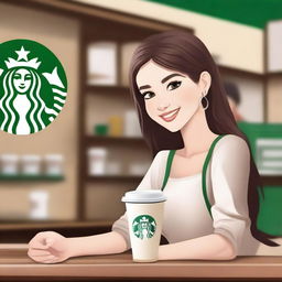 A beautiful girl, embodying the characteristics of your brother's dream girl, offering him a Starbucks coffee