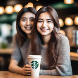 A beautiful girl, embodying the characteristics of your brother's dream girl, offering him a Starbucks coffee