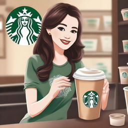 A beautiful girl, embodying the characteristics of your brother's dream girl, offering him a Starbucks coffee