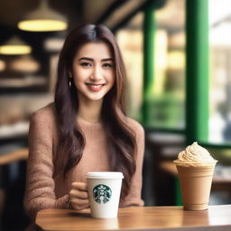 A beautiful girl, representing your brother's dream girl, offering a Starbucks coffee