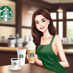 A beautiful girl, representing your brother's dream girl, offering a Starbucks coffee