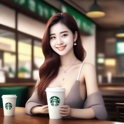A beautiful girl, representing your brother's dream girl, offering a Starbucks coffee