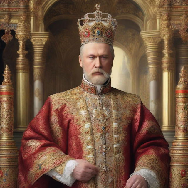 The image features a Russian Emperor, dressed in opulent imperial attire
