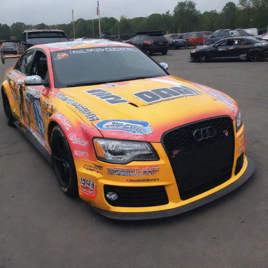 An Audi, transformed into a NASCAR edition featuring bright, dynamic colors, race adjustments, and adorned with a plethora of sponsor decals.