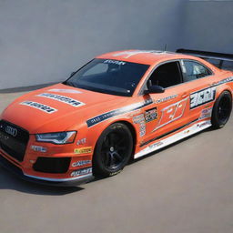 An Audi, transformed into a NASCAR edition featuring bright, dynamic colors, race adjustments, and adorned with a plethora of sponsor decals.