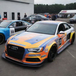 An Audi, transformed into a NASCAR edition featuring bright, dynamic colors, race adjustments, and adorned with a plethora of sponsor decals.