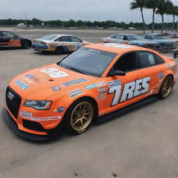 An Audi, transformed into a NASCAR edition featuring bright, dynamic colors, race adjustments, and adorned with a plethora of sponsor decals.